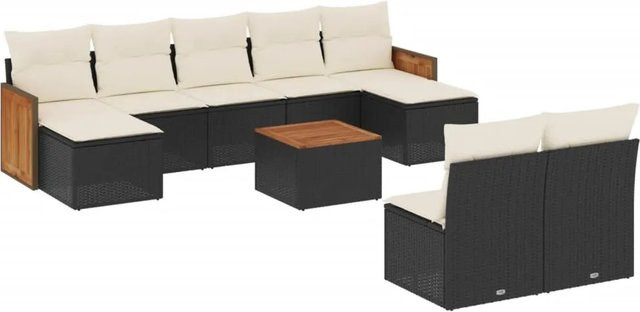 vidaXL 10-teilige Garten-Sofagarnitur aus Poly-Rattan mit Kissen in Schwarz-Creme und Akazienholz - Bild 1