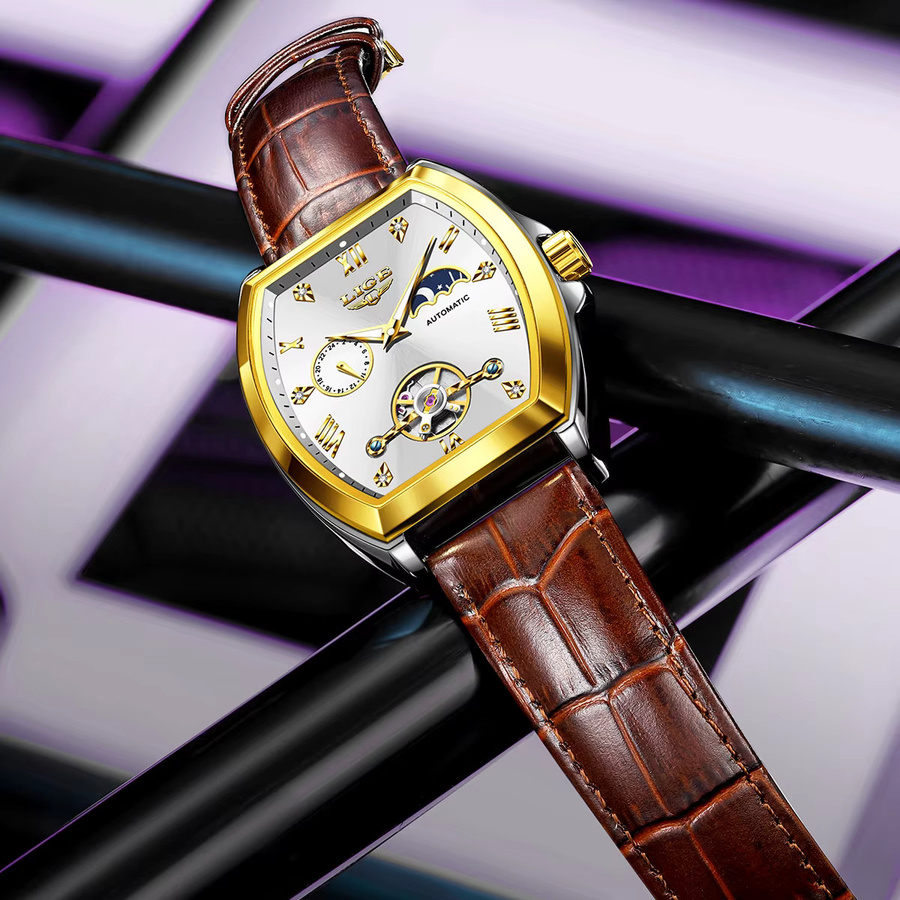 LIGE Armbanduhr Automatik, Tonneau, Edelstahl, Leder, Gold, Herren - Bild 5