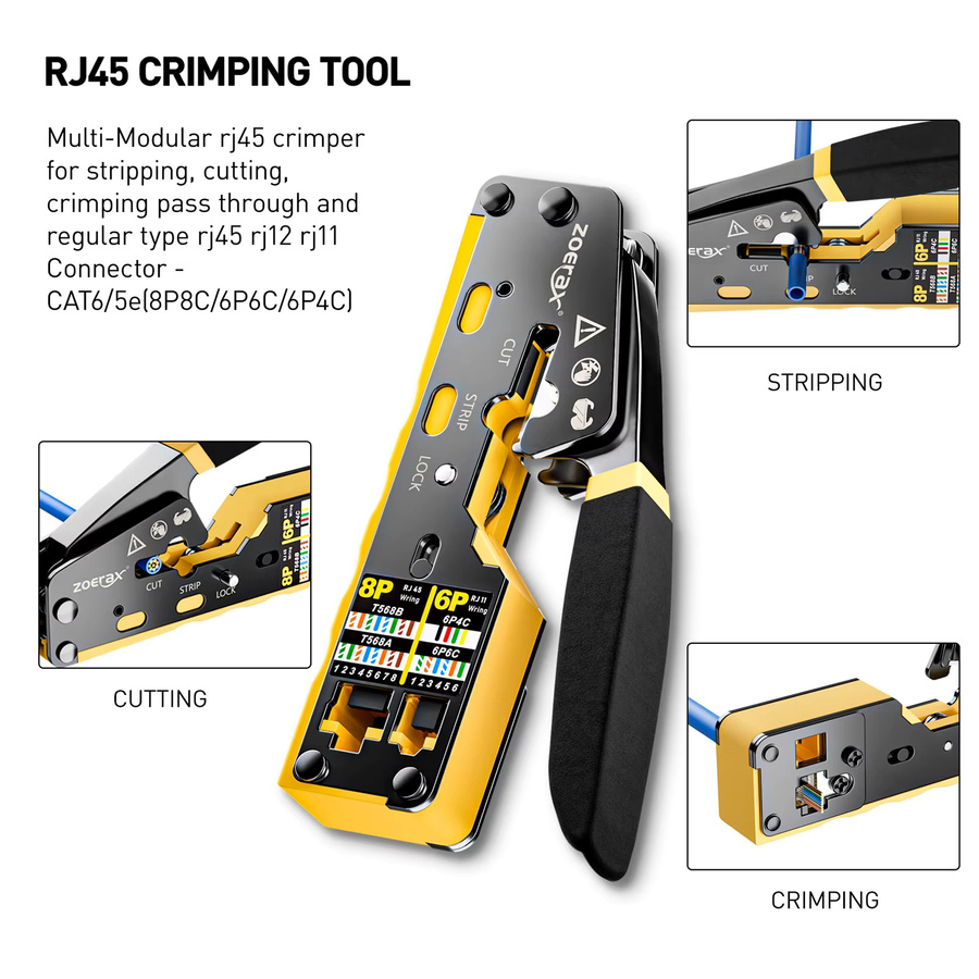 ZoeRax 8 in 1 RJ45 Crimpwerkzeug-Set in Gelb mit Kabeltester, Drahtschneider und 50 Cat6-Steckverbindern inklusive Booties - Bild 2