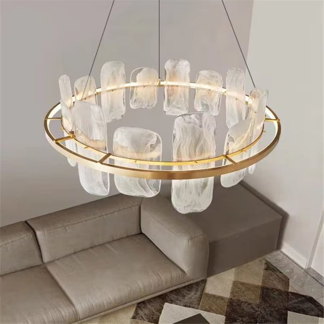 ZIMULONG Runde LED-Pendelleuchte im Art-Deco-Stil mit Wolkenglas und goldenem Ring, dimmbar, Gold/Messing und Weiß - Bild 1