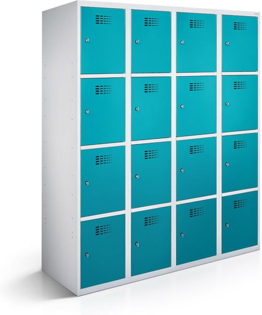 rotstahl Fächerschrank mit 16 Fächern in Türkis und lichtgrauem Korpus, B/T/H: 120 x 50 x 180 cm - Bild 1