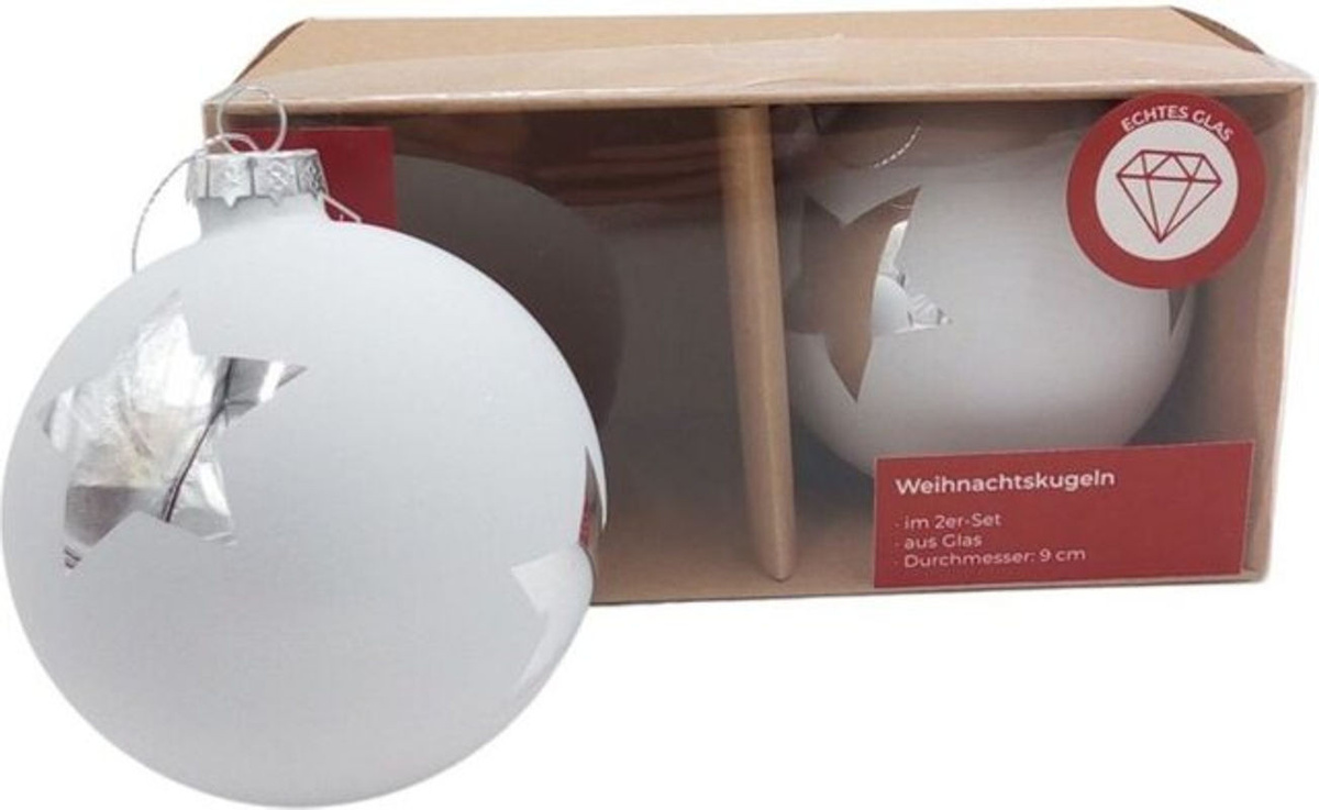 BURI 2er-Set Glas-Weihnachtskugeln in Weiß mit Stern-Design als minimalistischer Weihnachtsschmuck - Bild 1