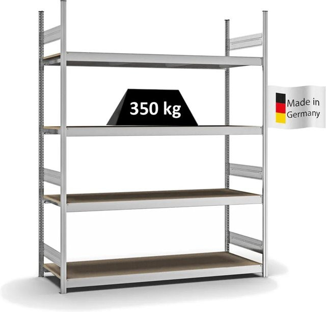 PROREGAL Weitspannregal Stecksystem T-Profil in Silber, verzinkt, mit 4 Ebenen Spanplatten-Fachböden, H x B x T: 250 x 200 x 60 cm - Bild 1