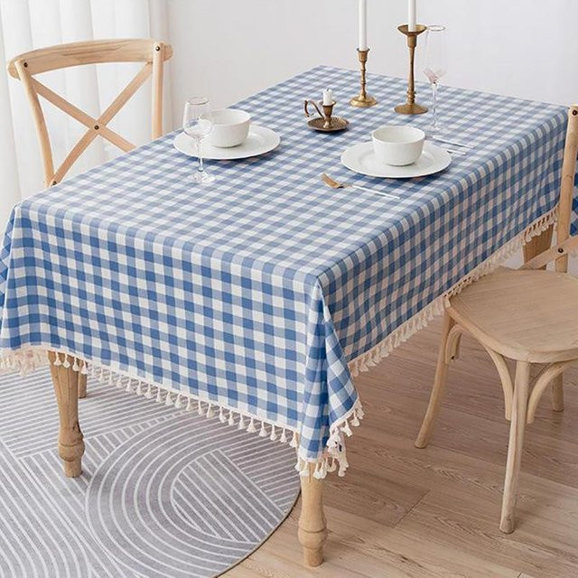 Wasser- und ölbeständige Baumwoll-Leinen-Tischdecke von Charming Home in Blau mit Karomuster und Quasten, rechteckig, B: 140 cm, T: 90 cm - Bild 1