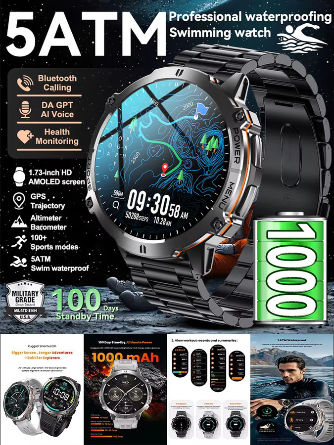 GUHUAVMI Smartwatch, Schwarz, Herren, 5 ATM, GPS, Bluetooth - Bild 5