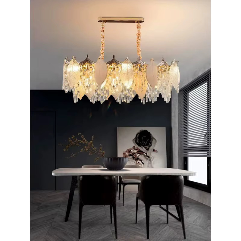 JIANKEXING Kristall-Pendelleuchte in Blatt-Form, Gold/Messing, Transparent, Warmweißes Licht für Wohnzimmer, Schlafzimmer und Küche - Bild 4