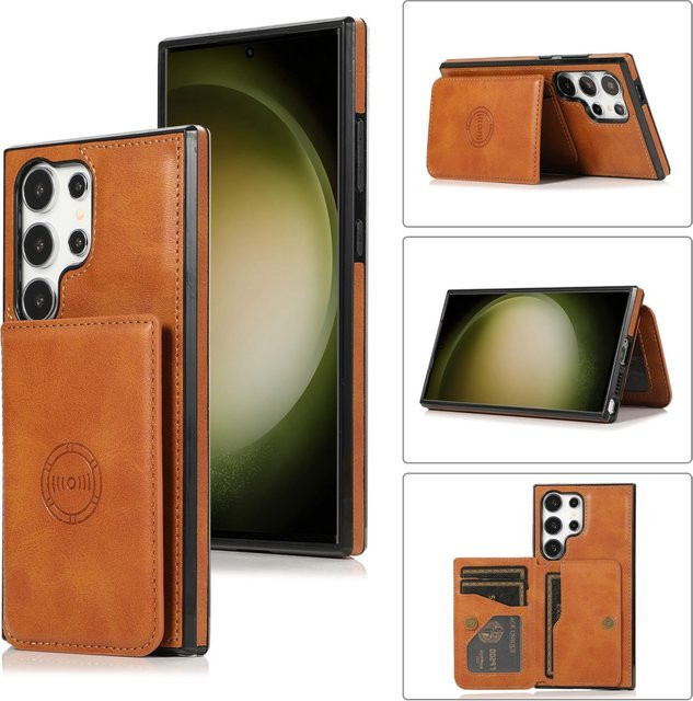 Magnetische Leder-Handyhülle mit Anti-Diebstahl-Geldbörse für Samsung Galaxy S25 Edge S24 S23 S22 S21 S20 Ultra FE S10 Plus in Braun - Bild 1