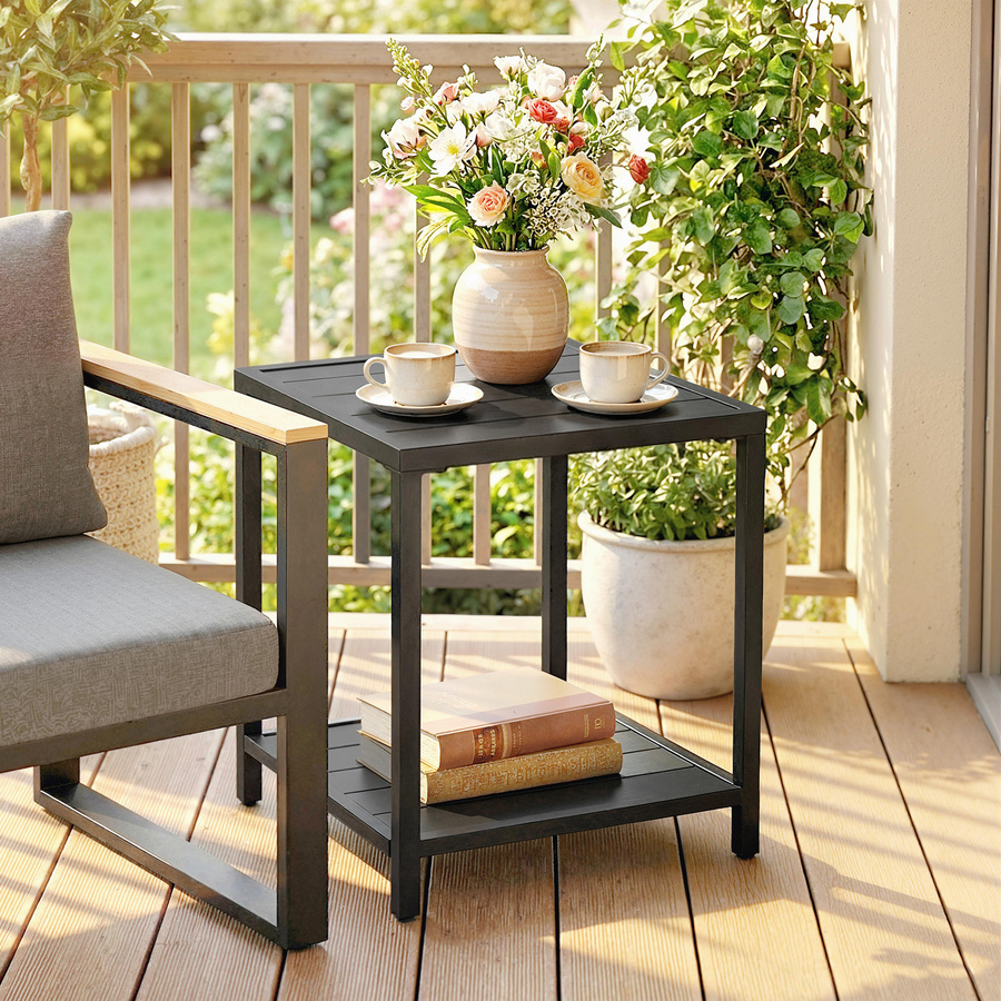 Outsunny Beistelltisch aus Metall mit Lamellendesign in Schwarz, quadratischer Gartentisch für Balkon und Terrasse, B/T/H: 45 x 45 x 45 cm - Bild 2