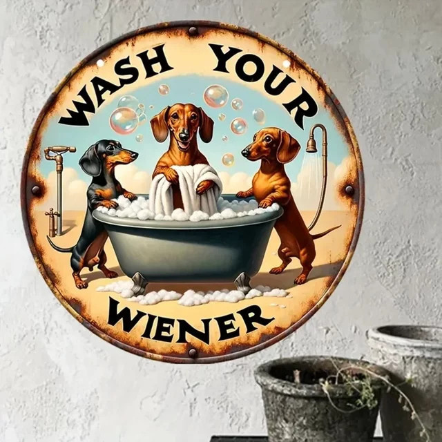 VintagePupCharm Wash Your Wiener Dackel-Aluminiumschild im Vintage-Stil, rund, Mehrfarbig, Durchmesser: 20 cm - Bild 1