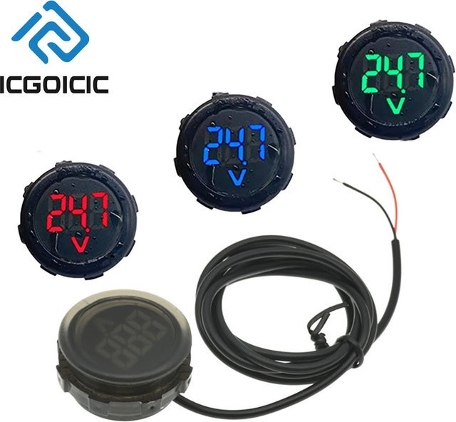 ICGOICIC Wasserdichtes rundes LED-Digitalvoltmeter 4–100 V DC in Blau oder Schwarz für E-Bike, Solar, Autobatterie und Motorrad mit 30 mm Einbauloch - Bild 1