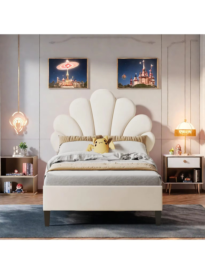 Rosahqnda Kinderbett für Mädchen in Beige mit gepolstertem Samt-Rahmen und floralem Kopfteil, B/T/H: 140 x 200 cm, höhenverstellbares Einzelbett ohne Matratze - Bild 4