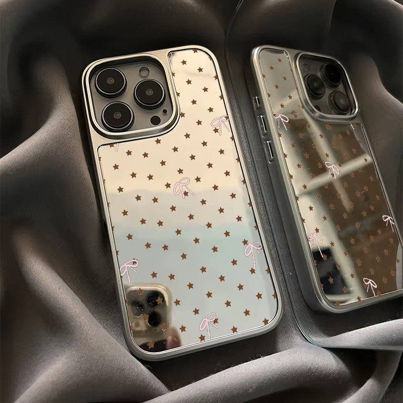 DecoPhone Anti-Drop-Spiegel-Handyhülle mit Sternen und Schleifen aus Epoxidharz in Silber für iPhone 11 bis iPhone 17 Pro Max - Bild 2