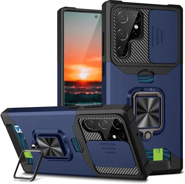 Magnetische Handyhülle mit Ringständer und Kartenhalter für Samsung Galaxy S21 S22 S23 S24 Ultra Plus A14 A25 A34 A35 A53 A54 in Grau - Bild 1
