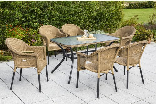 Merxx Gartenmöbelset Ravenna 7-teilig aus Aluminium und Kunststoffgeflecht in Graphit und Natur mit 6 Stapelsesseln und Glastisch - Bild 1
