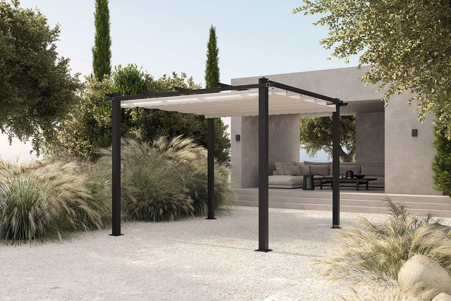 OUTFLEXX Pergola mit faltbarem Stoffdach aus Aluminium und Polyester, Anthrazit/Beige, B x B: 300 x 300 cm, mit Air-Vent System und UV-Schutz 30+ - Bild 1