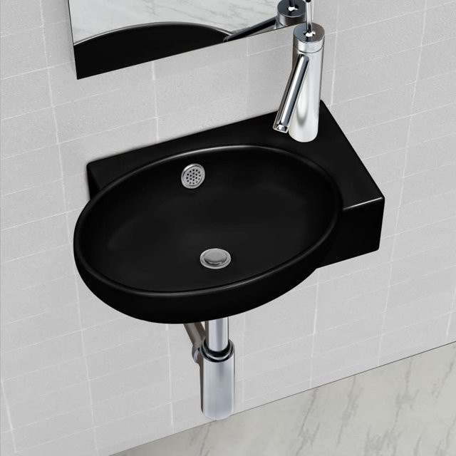 vidaXL Keramik Waschbecken rund mit Überlauf und Hahnloch, Schwarz/Grau, Durchmesser: 41,0 cm, Höhe: 12,5 cm - Bild 3