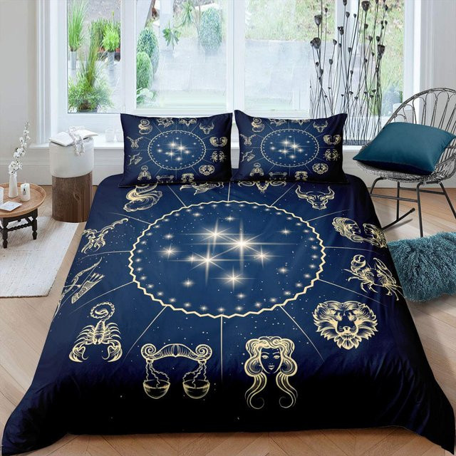 Bettbezug Set Sternbild mit goldenem Muster und Sternenhimmel in Blau und Gold, Queen Size, B/H: 264 x 228 cm - Bild 1