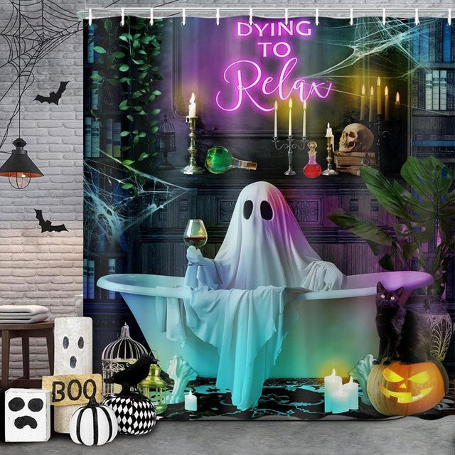 Halloween Duschvorhang mit lustiger Katze, Kürbis und Spinne, Polyester, Mehrfarbig, B/H: 90 x 180 cm - Bild 1