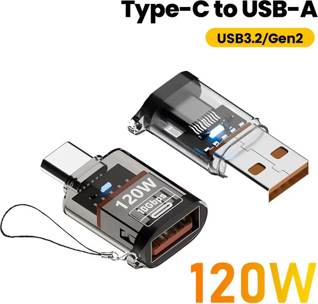 Transparenter USB-C-auf-USB-A-Adapter mit 120 W Schnellladung und 10 GB/s Datenübertragung in Schwarz - Bild 1