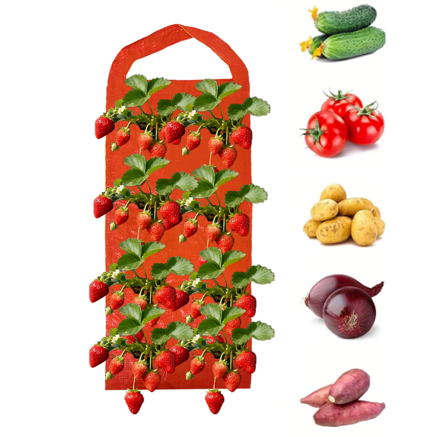 12er-Pack hängende Erdbeertaschen aus orangefarbenem PE mit 8 Fächern für den vertikalen Pflanzgarten auf dem Balkon oder im Innenbereich - Bild 7