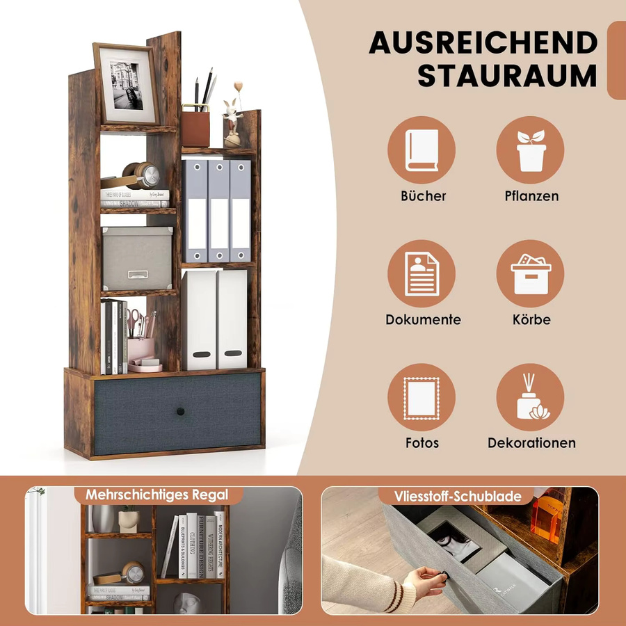 Baumförmiges Bücherregal von GOFLAME mit 7 Fächern und Schublade, Stehregal für Wohnzimmer und Schlafzimmer, B/T/H: 53 x 24 x 118 cm - Bild 2