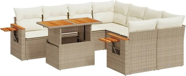vidaXL 9-tlg Garten-Sofagarnitur L-Form aus PE-Rattan und Akazienholz in Beige mit Kissen - Bild 1