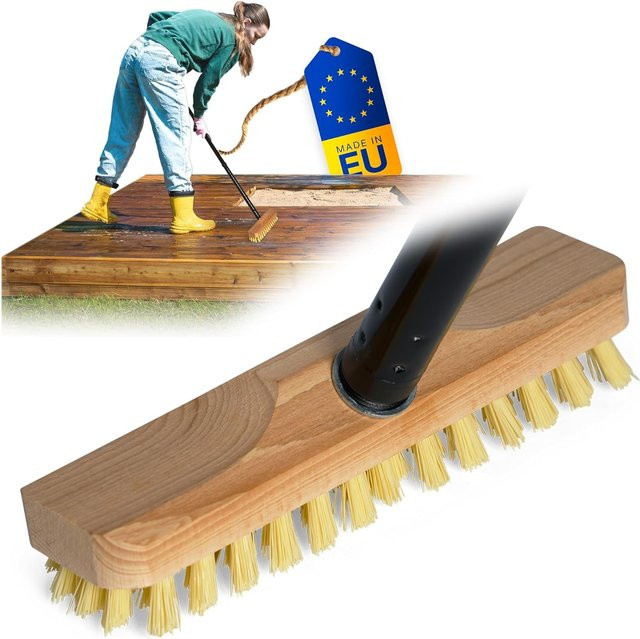 PPN Schrubber aus Holz mit Borsten, vierteiliges Set als Scheuerbürste und Wischer mit Gewinde und Schraub-Steckstiel für Balkon, Terrasse, Garten sowie Innen- und Außenbereich - Bild 1