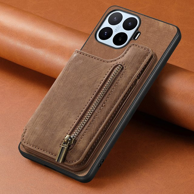 Luxuriöse Leder-Handyhülle für Xiaomi 17T Pro 5G und Xiaomi 15T/15T Pro mit Reißverschluss-Brieftasche und Kartenhalter in Braun - Bild 1