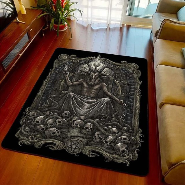 Gothic Teppich mit Satan Dämon Schädel Motiv in Schwarz, rutschfest und rechteckig für Wohnzimmer, Flur, Küche, Bad oder Schlafzimmer - Bild 1