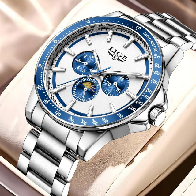 LIGE Armbanduhr Quarz, Edelstahl, Mondphase, Datum, Herren - Bild 1