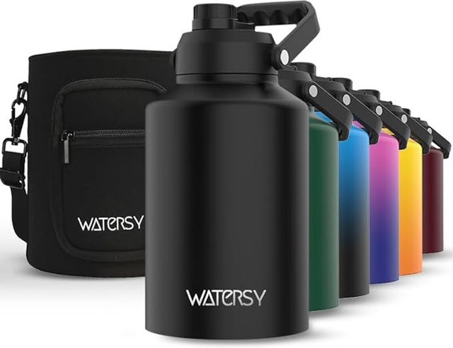WATERSY Isolierte Edelstahl Wasserflasche mit Tragegriff als Vakuum-Thermoskanne für Outdoor und Camping in Rot oder Schwarz (64 oz, 87 oz, 128 oz) - Bild 1
