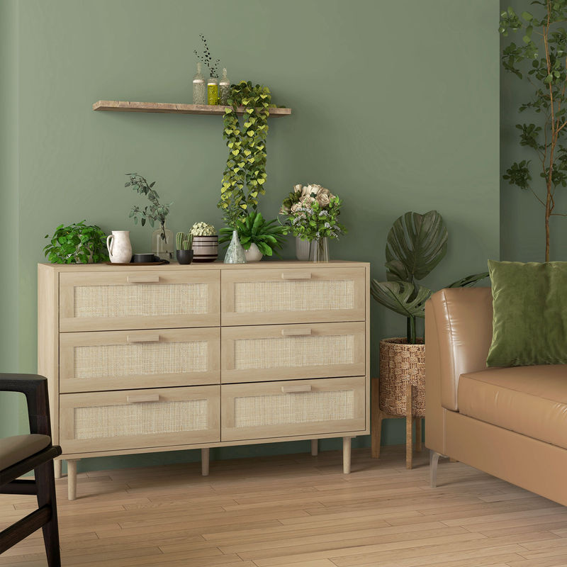 HOMCOM Kommode mit 6 Schubladen in Holzoptik und Rattanflechtwerk, Farbe Beige/Braun, B: 40 cm, T: 10 cm, H: 75 cm - Bild 2