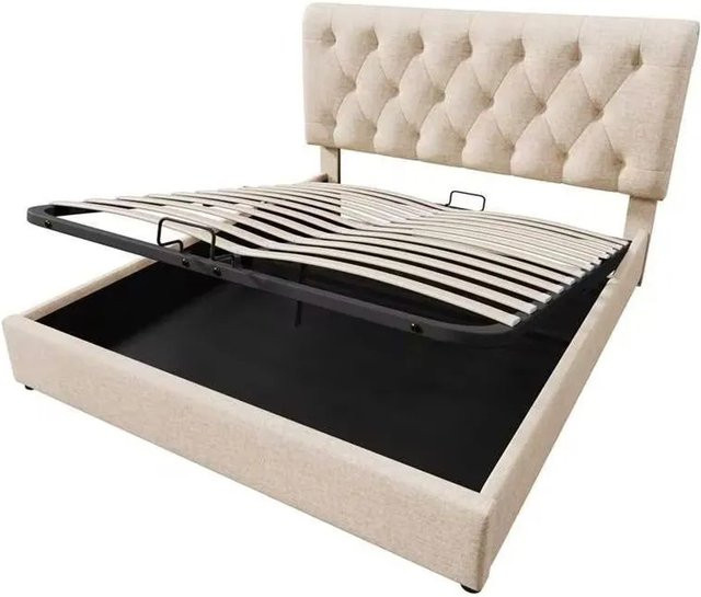 Merax Polsterbett mit Hydraulik-Stauraum in Beige und Braun, B/T/H: 160 x 200 x 112 cm - Bild 1