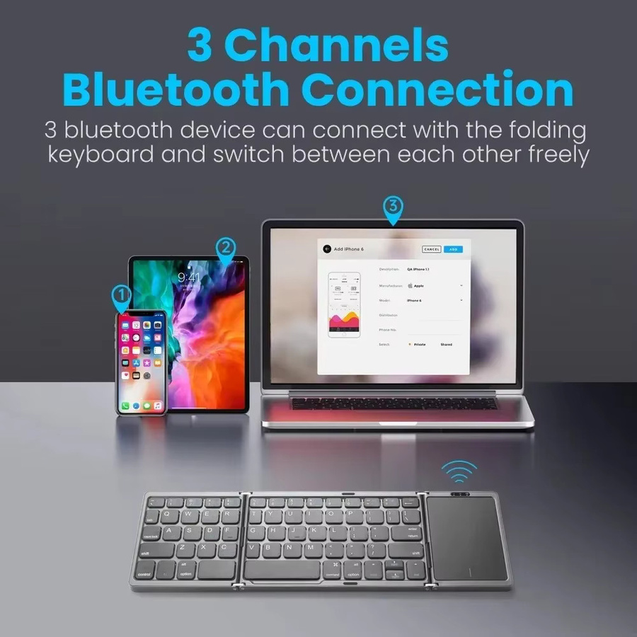 KEBIDUMEI Dreifach faltbare Bluetooth-Tastatur mit Touchpad, 3-Kanal-Multi-Device-Mini-Tastatur für iOS, Android und Windows, Schwarz - Bild 3