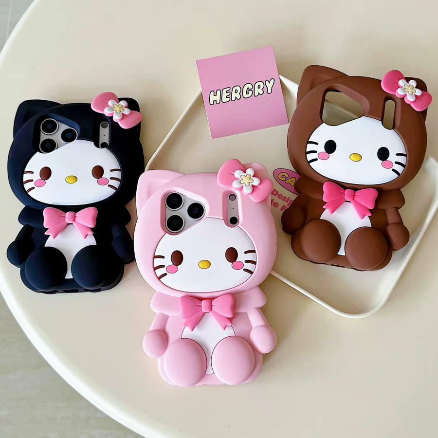 Sanrio Hello Kitty 3D Silikon Soft-Handyhülle mit Schleifenknoten für iPhone 17 Pro Max 16 15 14 13 Plus in Pink und Braun - Bild 1