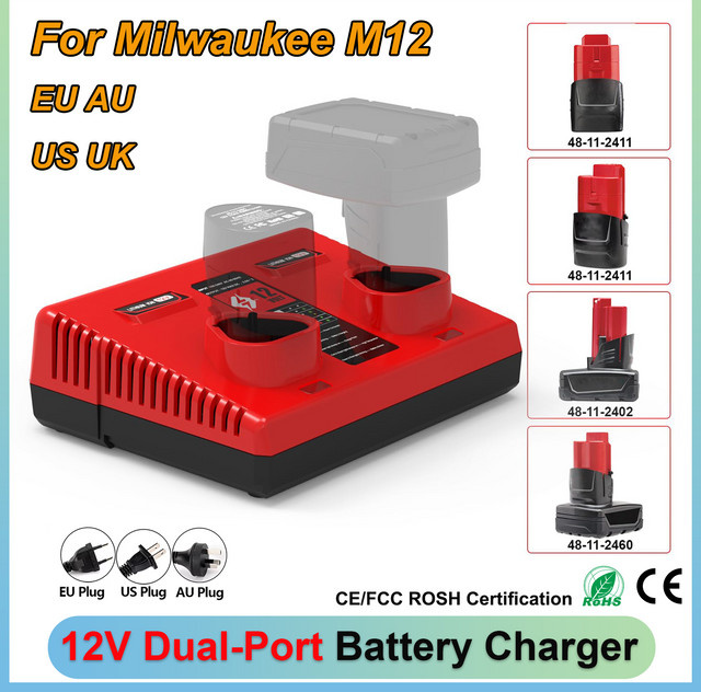 Milwaukee Ersatz-Akkuladegerät Dual-Port-Ladegerät für M12 N12 Lithium-Akkus 48-11-2401 und 48-11-2420 in Rot - Bild 1