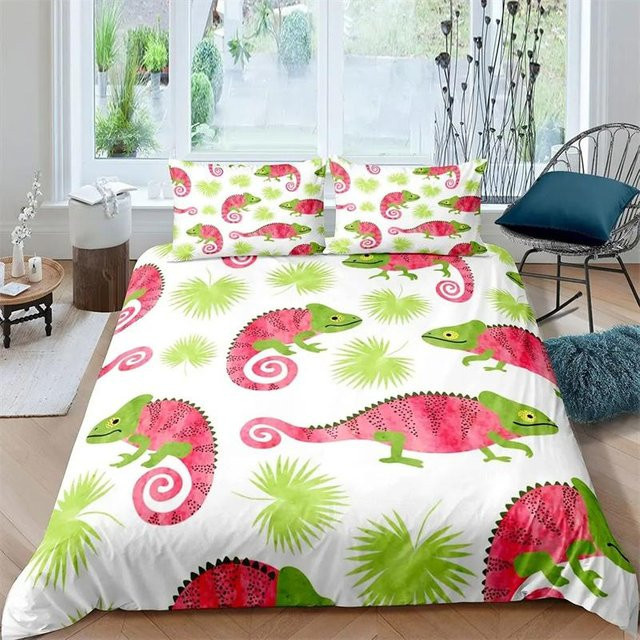 Lodestar Bettwäsche-Set mit Echsen und tropischem Floral-Design, Lila/Mehrfarbig, 3-teilig, B/H: 264 x 228 cm - Bild 1