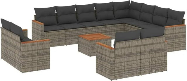 vidaXL 13-tlg. Garten-Sofagarnitur aus Poly-Rattan und Akazienholz in Grau mit UV-beständigen Kissen - Bild 1
