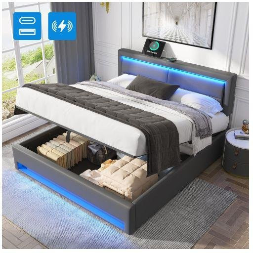 Gepolstertes Bett MUVOE in Grau mit USB-Anschluss, LED-Beleuchtung und integriertem Stauraum, B/T: 160 x 200 cm - Bild 1