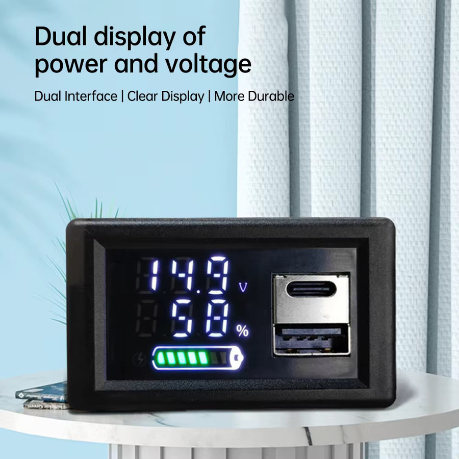 Voktta Dual USB Kapazitätstester mit Typ-C für Lithium-Batterien 9V 12V 24V mit LED-Spannungsanzeige in Schwarz - Bild 2
