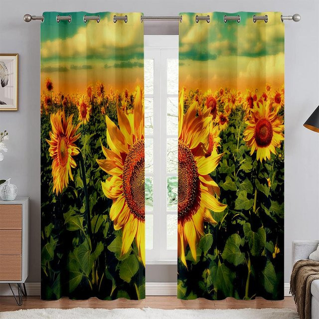 Yiran Furniture Vorhänge mit Blumen- und Sonnenblumen-Print, 2er-Set, halbtransparent, Polyester, Mehrfarbig, Breite: 50 cm, Höhe: 130 cm - Bild 1