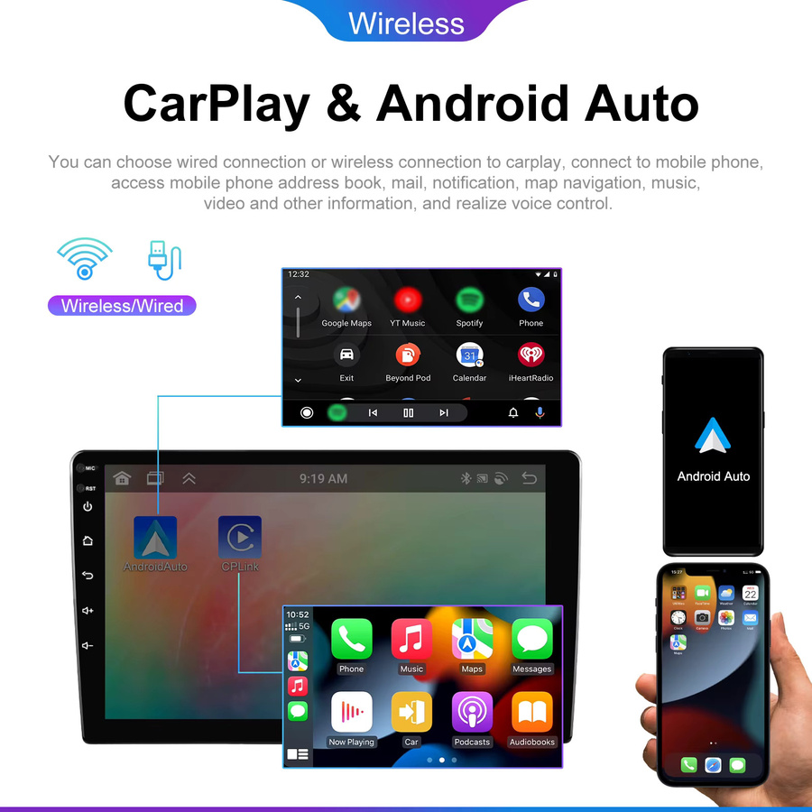 Podofo Android Autoradio mit 9 Zoll IPS Touchscreen, 6GB RAM und 128GB Speicher, Kabelloses CarPlay und Android Auto, GPS, WiFi, Bluetooth, Schwarz - Bild 2