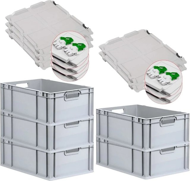 PROREGAL SuperSparSet 5x Eurobox NextGen Grip mit Scharnierdeckel und grünen Schiebeschnappverschlüssen, Grau, H x B x T: 22 x 40 x 60 cm, 44 Liter - Bild 1
