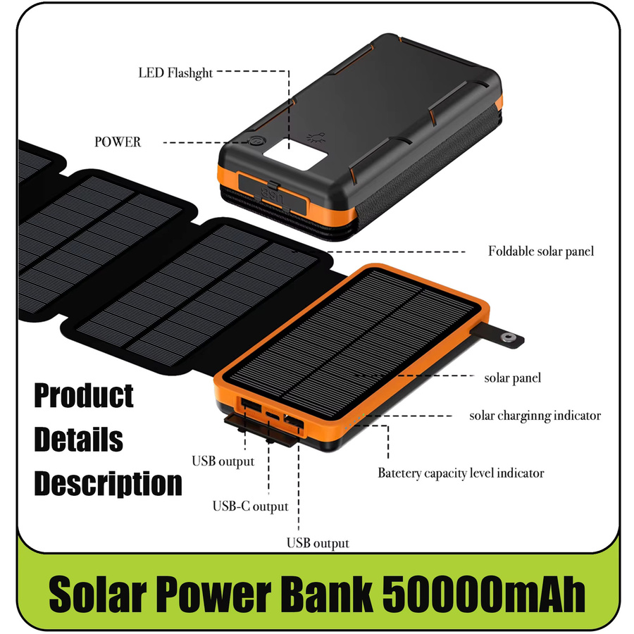 Rscrola Solar Power Bank mit 50000 mAh und faltbaren Solarmodulen, Schwarz, USB-A Ausgang für iPhone und Android, ideal für Camping und Outdoor-Aktivitäten - Bild 2