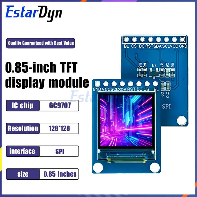 Estardyn 0,85 Zoll IPS LCD TFT LED-Bildschirm mit 128x128 HD Auflösung, SPI-Schnittstelle und GC9107 Controller in Blau für DIY Smart-Geräte und Wearables - Bild 1