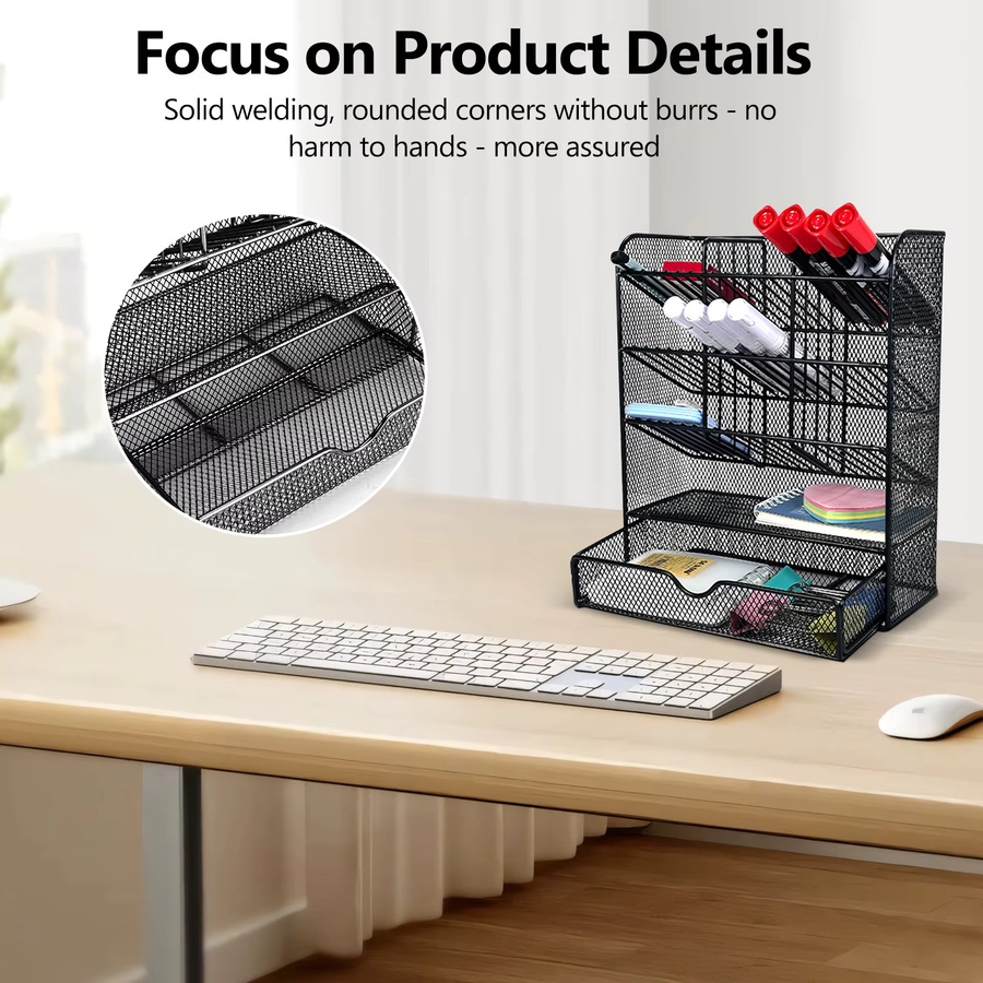 Schreibtisch-Organizer aus Metallgitter in Schwarz mit Schublade und Stifthalter, B/T/H: 25 x 21,2 x 9 cm - Bild 6