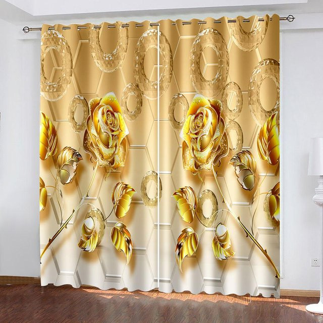 2er-Set Vorhänge mit Bohomuster und Blumendekor in Blau, Gold und Gelb, halbtransparent, Polyester, Breite: 50 cm, Höhe: 160 cm - Bild 1