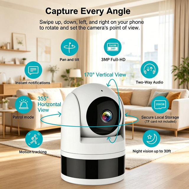 Tugard Wireless Indoor Monitor Cam 2K 3MP mit 360° Panorama-Rotation, 2,4G WLAN-Verbindung und KI-gestützter Personenerkennung in Weiß - Bild 1