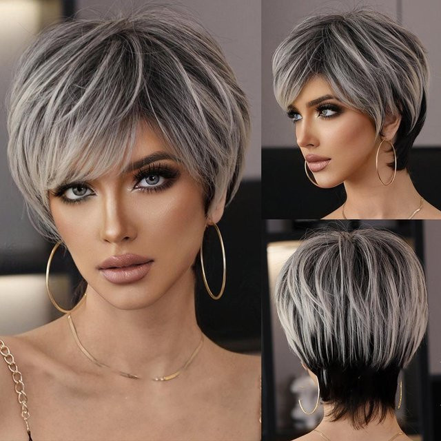 WIGS HOME Perücke, Pixie-Schnitt, kurz, lockig, schwarz/weiß, Unisex - Bild 1