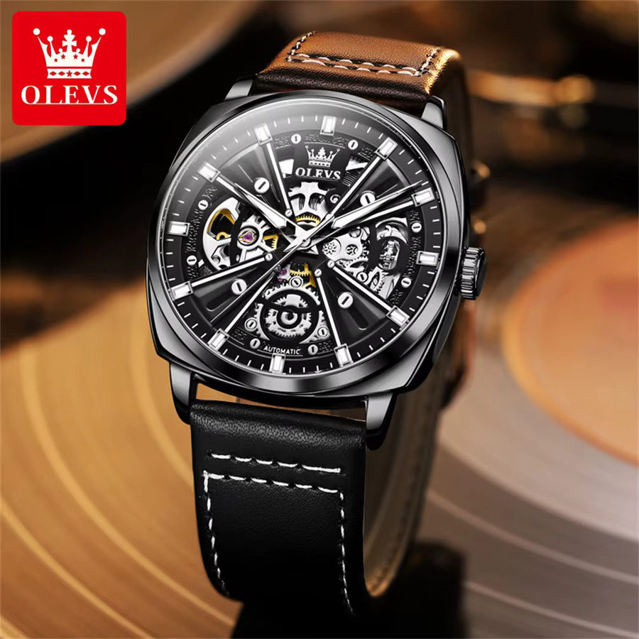 OLEVS Armbanduhr, Automatik, Tonneau, Leder, Schwarz, Herren - Bild 3